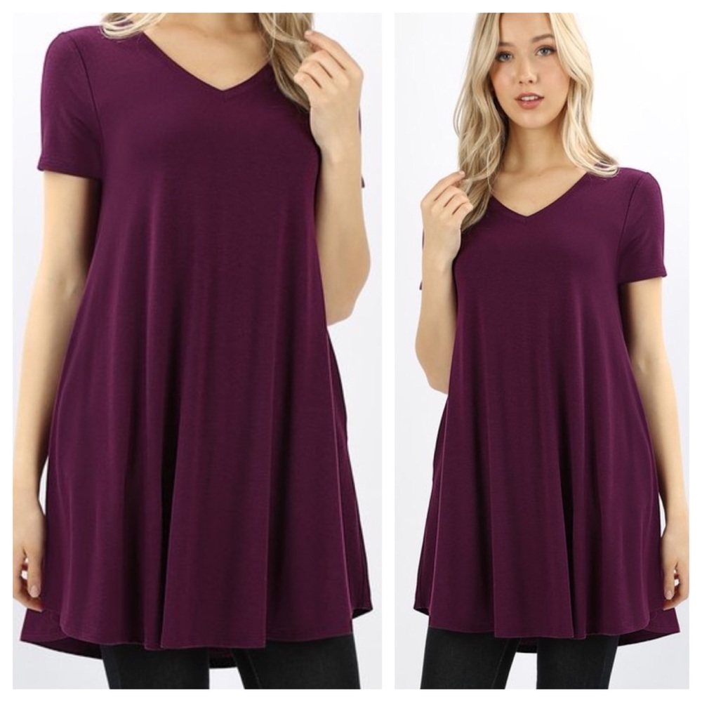 Plum short sleeve flared Tunic with pockets